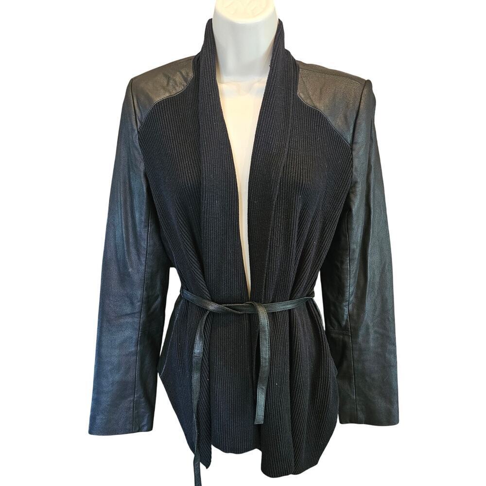 WHBM mixed media Knit Panel Belted Wrap Draping Jacket XS moto casual leather